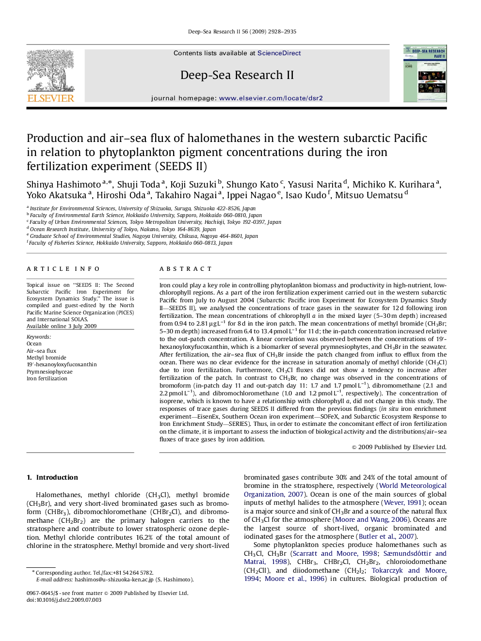 Production and air–sea flux of halomethanes in the western subarctic Pacific in relation to phytoplankton pigment concentrations during the iron fertilization experiment (SEEDS II)