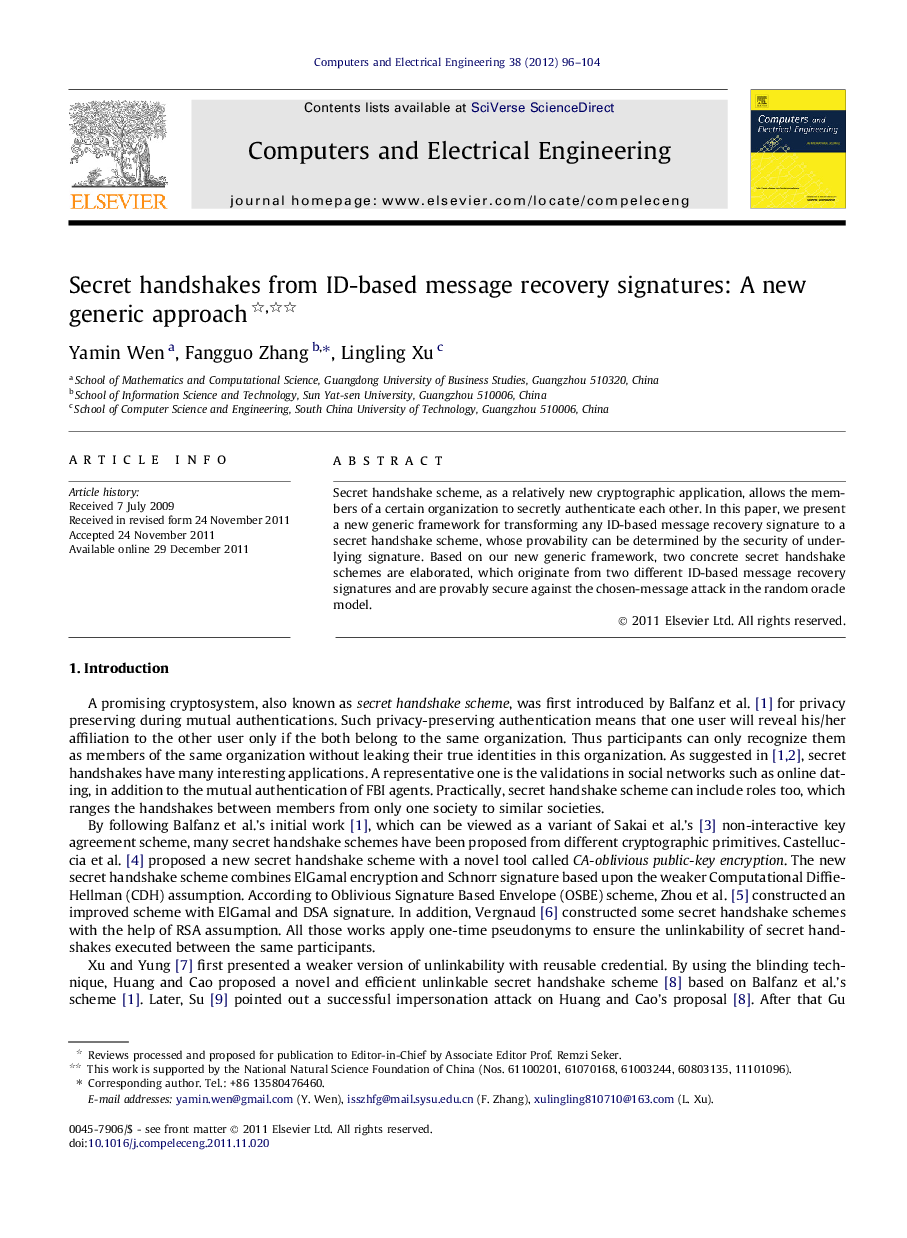 Secret handshakes from ID-based message recovery signatures: A new generic approach 
