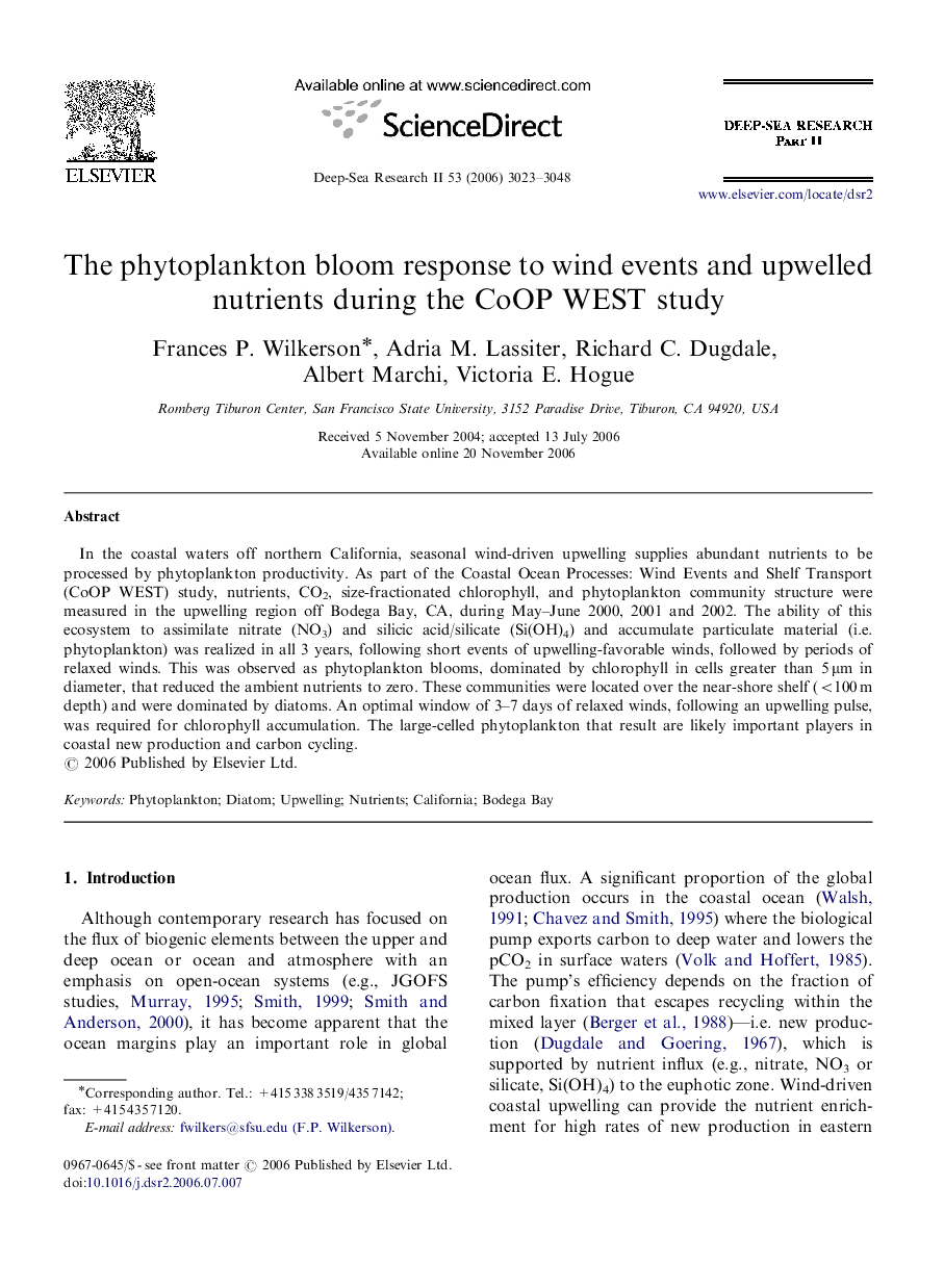 The phytoplankton bloom response to wind events and upwelled nutrients during the CoOP WEST study