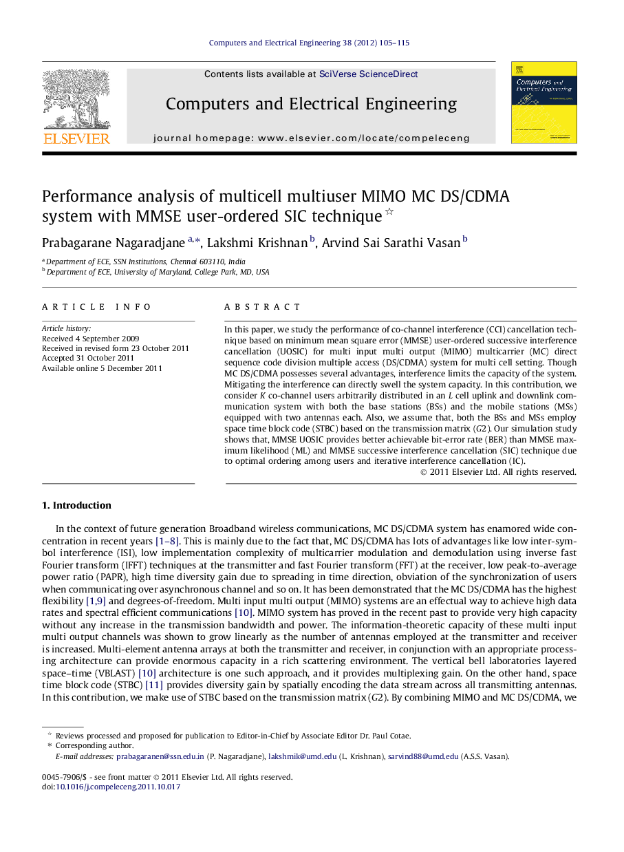 Performance analysis of multicell multiuser MIMO MC DS/CDMA system with MMSE user-ordered SIC technique 