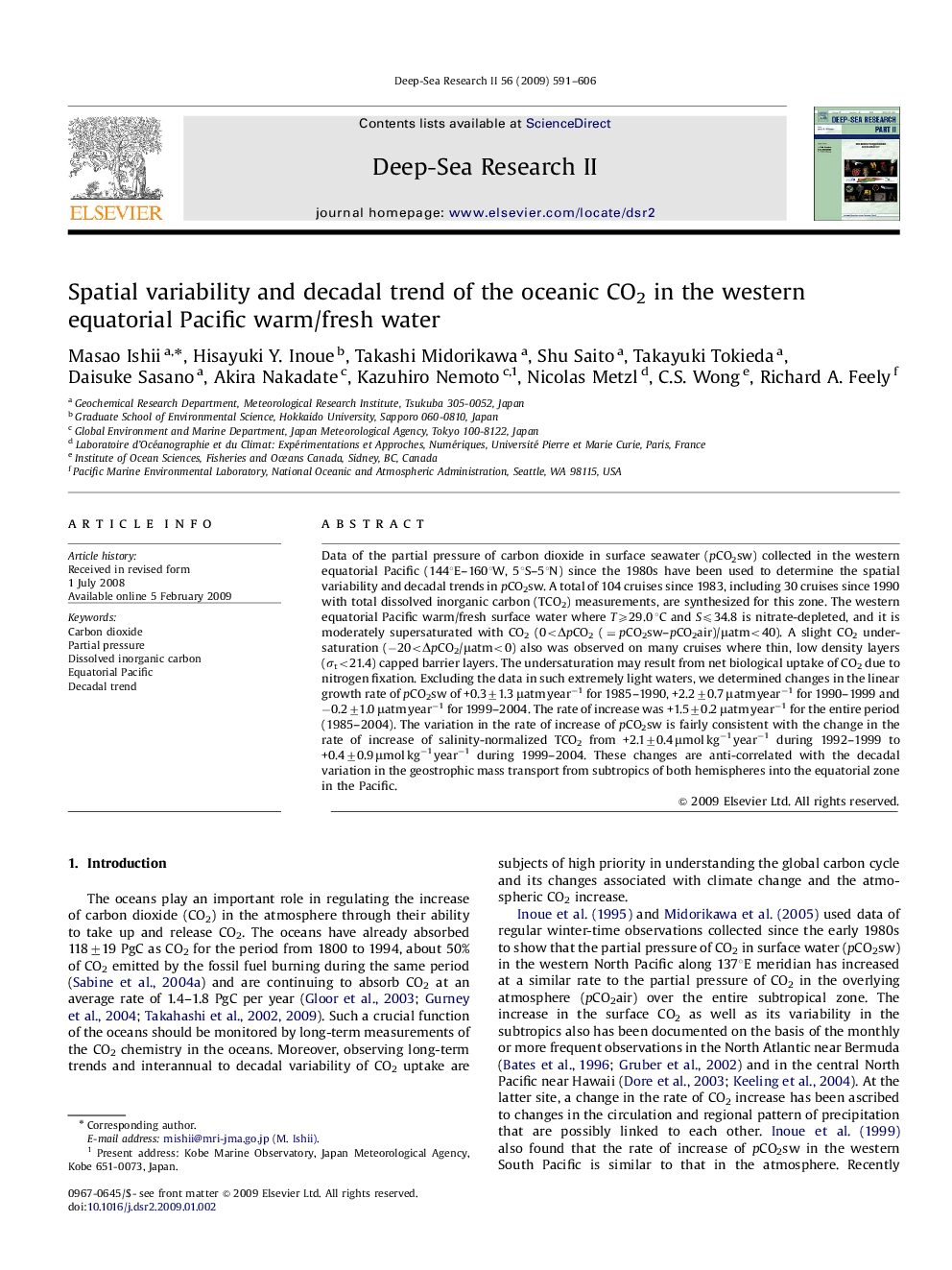 Spatial variability and decadal trend of the oceanic CO2 in the western equatorial Pacific warm/fresh water