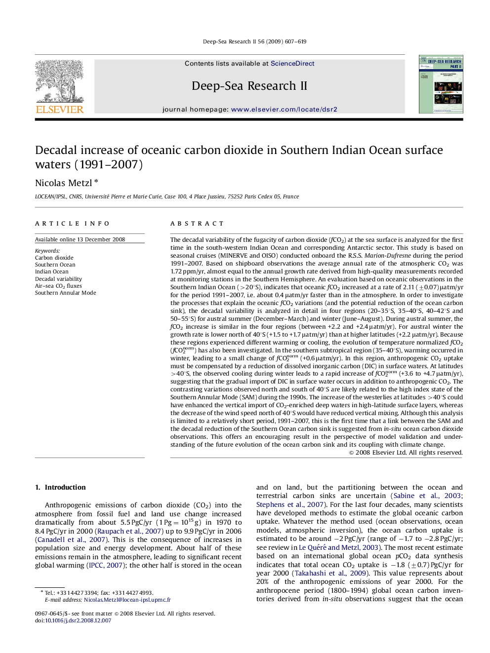 Decadal increase of oceanic carbon dioxide in Southern Indian Ocean surface waters (1991–2007)