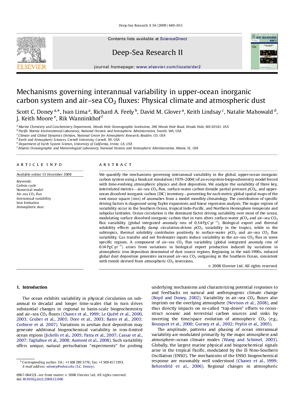 Mechanisms governing interannual variability in upper-ocean inorganic carbon system and air–sea CO2 fluxes: Physical climate and atmospheric dust