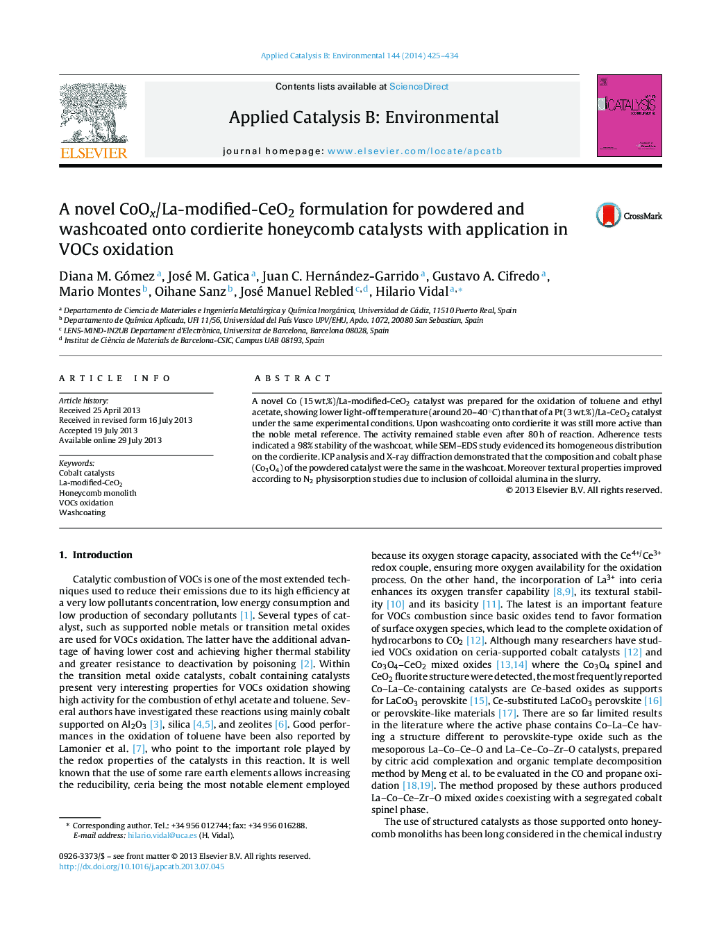 A novel CoOx/La-modified-CeO2 formulation for powdered and washcoated onto cordierite honeycomb catalysts with application in VOCs oxidation