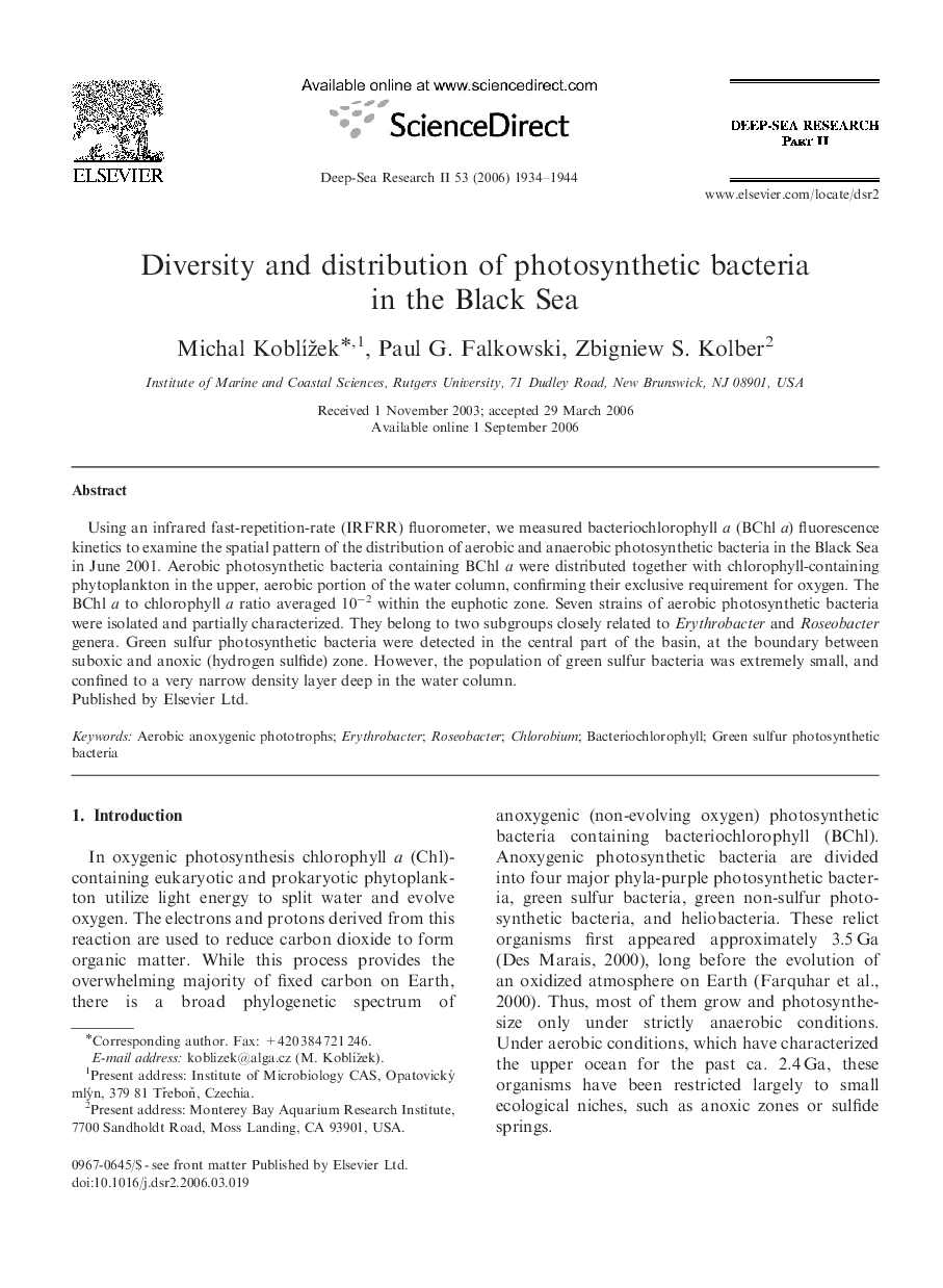 Diversity and distribution of photosynthetic bacteria in the Black Sea