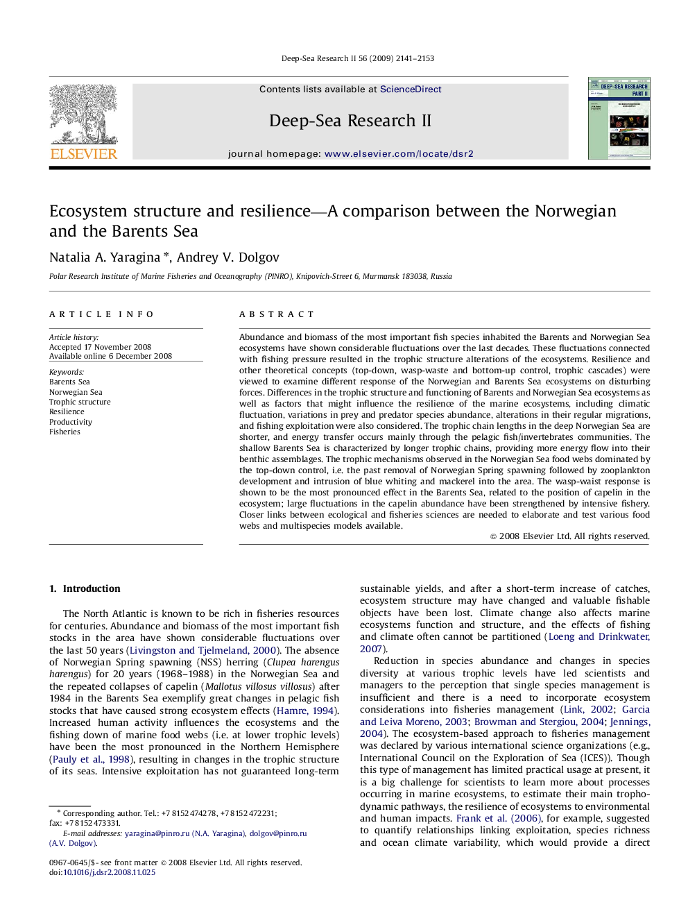 Ecosystem structure and resilience—A comparison between the Norwegian and the Barents Sea