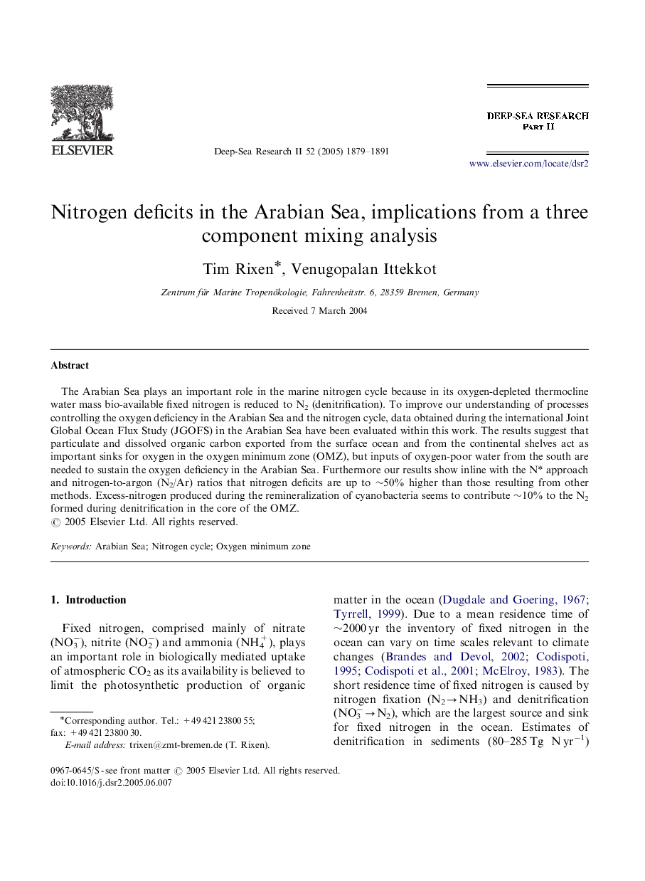 Nitrogen deficits in the Arabian Sea, implications from a three component mixing analysis