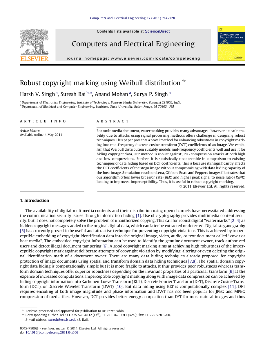 Robust copyright marking using Weibull distribution 