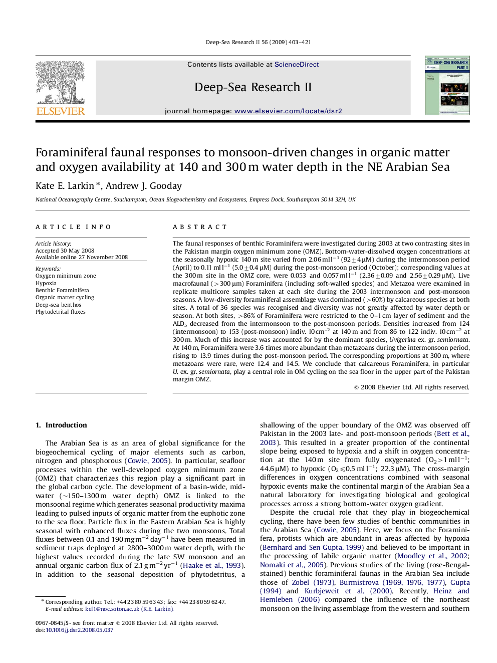 Foraminiferal faunal responses to monsoon-driven changes in organic matter and oxygen availability at 140 and 300 m water depth in the NE Arabian Sea