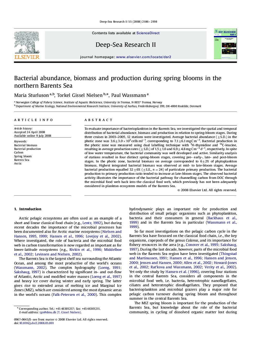 Bacterial abundance, biomass and production during spring blooms in the northern Barents Sea