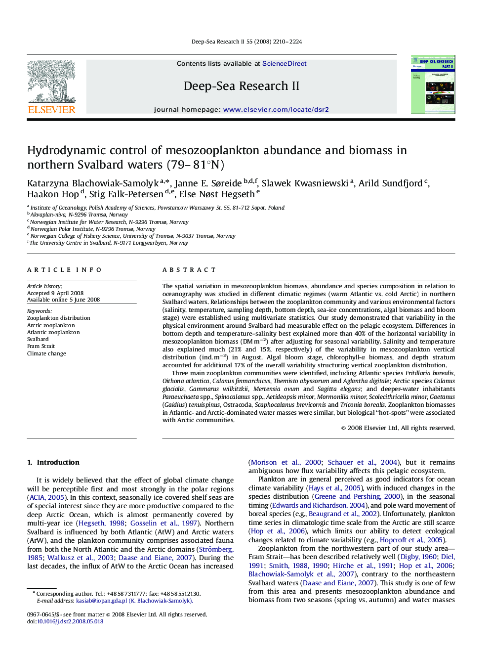 Hydrodynamic control of mesozooplankton abundance and biomass in northern Svalbard waters (79–81°N)