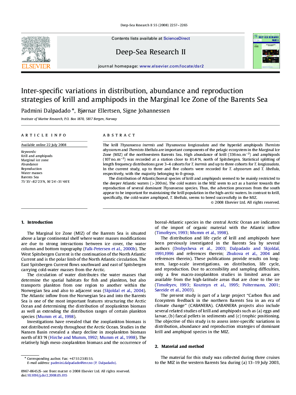 Inter-specific variations in distribution, abundance and reproduction strategies of krill and amphipods in the Marginal Ice Zone of the Barents Sea