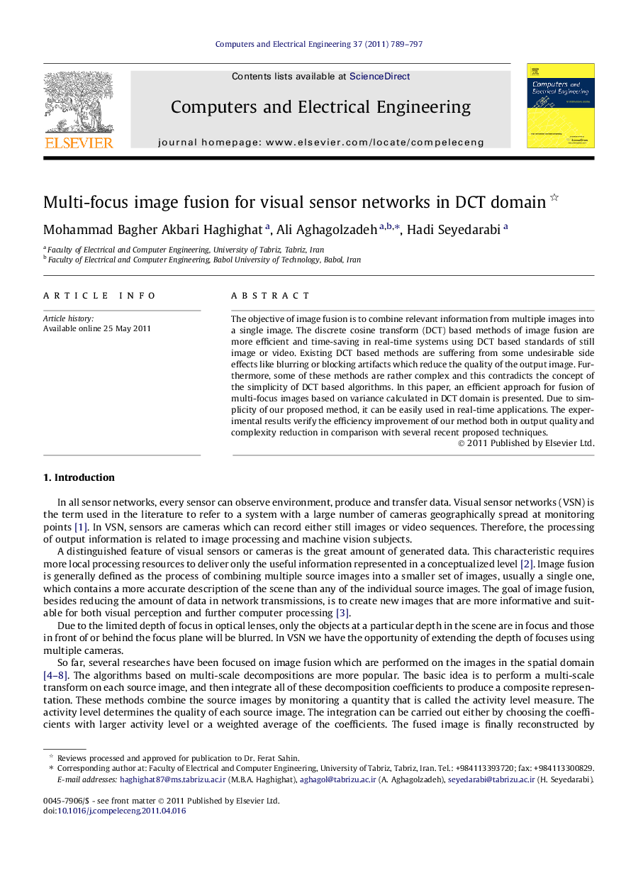 Multi-focus image fusion for visual sensor networks in DCT domain 