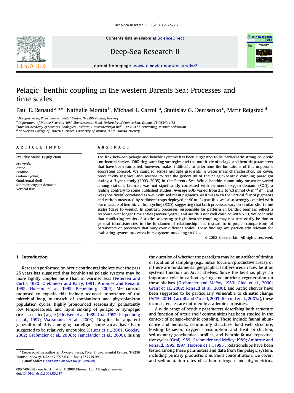 Pelagic–benthic coupling in the western Barents Sea: Processes and time scales