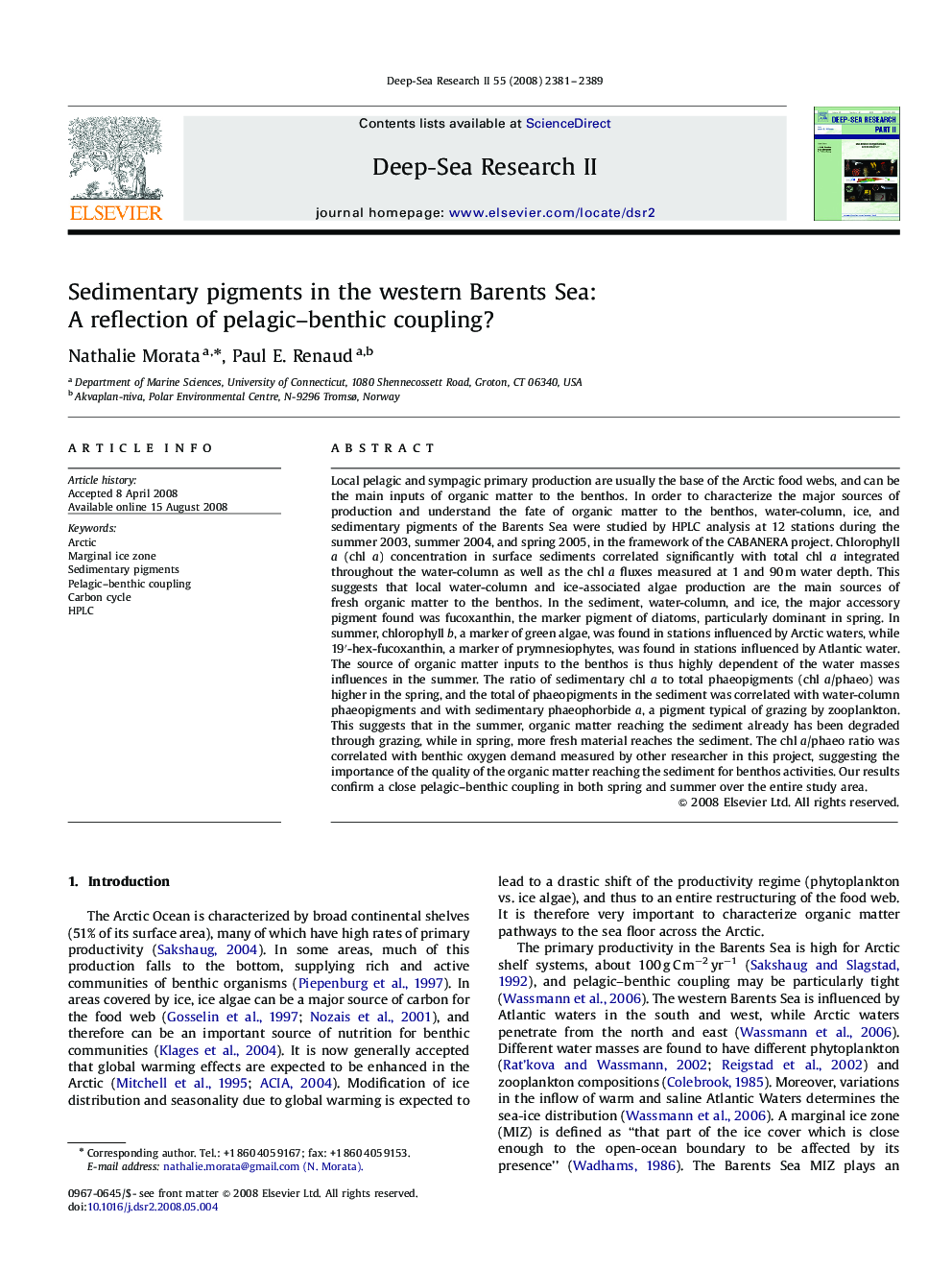 Sedimentary pigments in the western Barents Sea: A reflection of pelagic–benthic coupling?