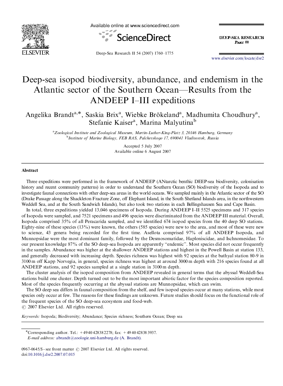 Deep-sea isopod biodiversity, abundance, and endemism in the Atlantic sector of the Southern Ocean—Results from the ANDEEP I–III expeditions