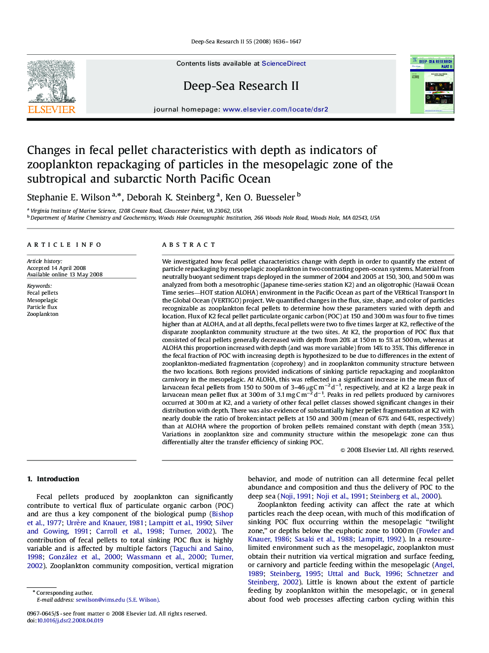 Changes in fecal pellet characteristics with depth as indicators of zooplankton repackaging of particles in the mesopelagic zone of the subtropical and subarctic North Pacific Ocean