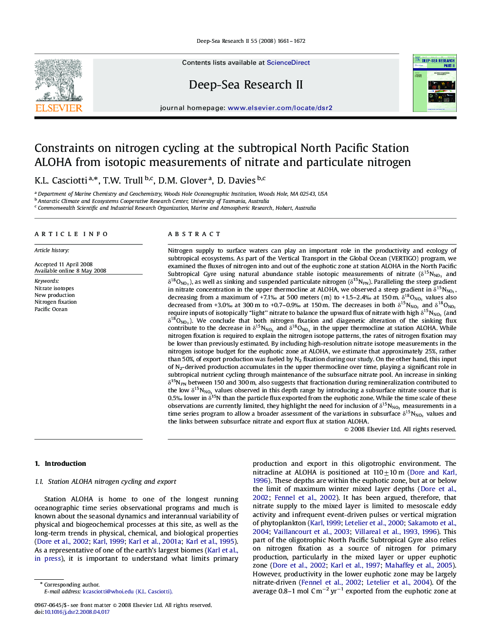 Constraints on nitrogen cycling at the subtropical North Pacific Station ALOHA from isotopic measurements of nitrate and particulate nitrogen