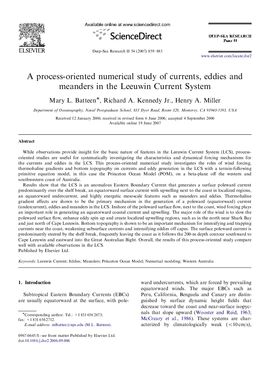 A process-oriented numerical study of currents, eddies and meanders in the Leeuwin Current System