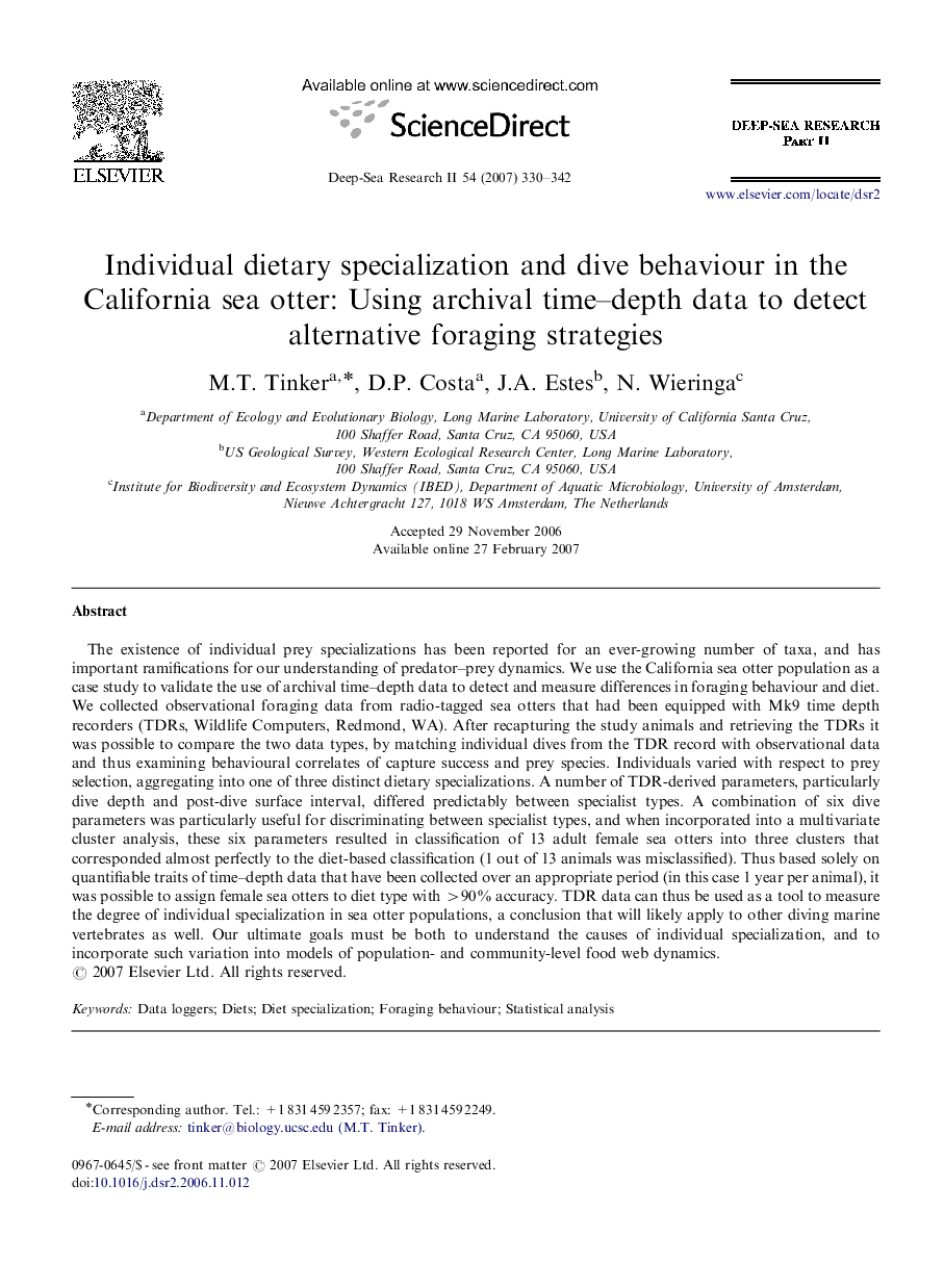 Individual dietary specialization and dive behaviour in the California sea otter: Using archival time–depth data to detect alternative foraging strategies