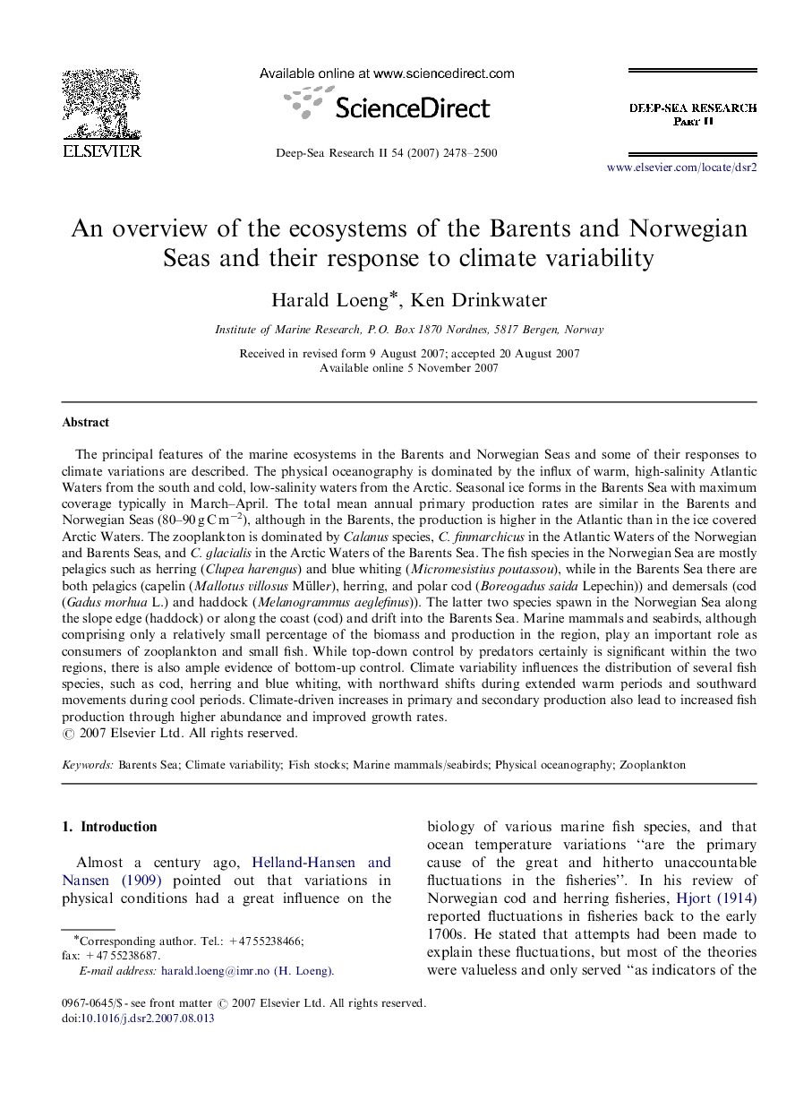 An overview of the ecosystems of the Barents and Norwegian Seas and their response to climate variability