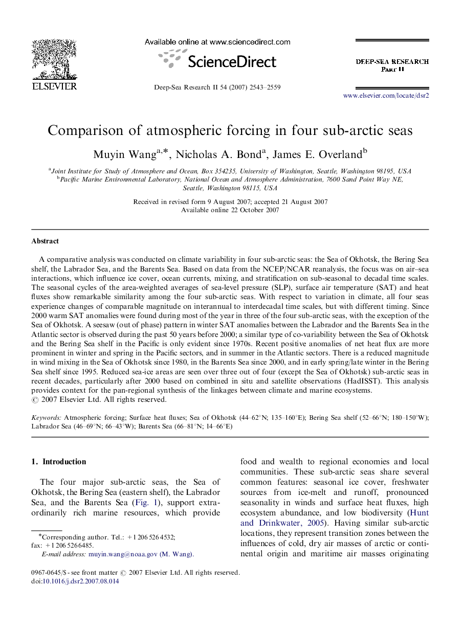 Comparison of atmospheric forcing in four sub-arctic seas