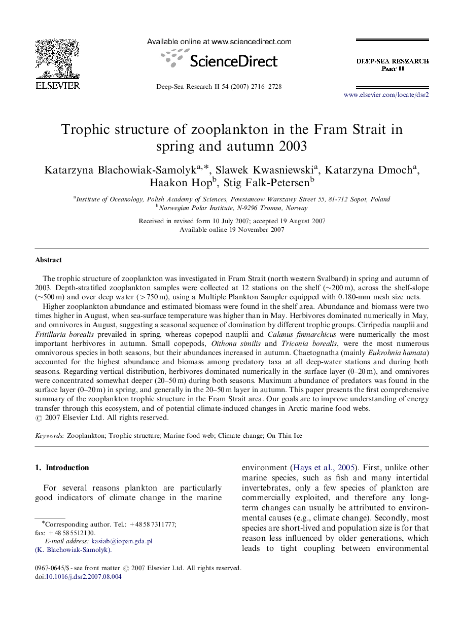 Trophic structure of zooplankton in the Fram Strait in spring and autumn 2003