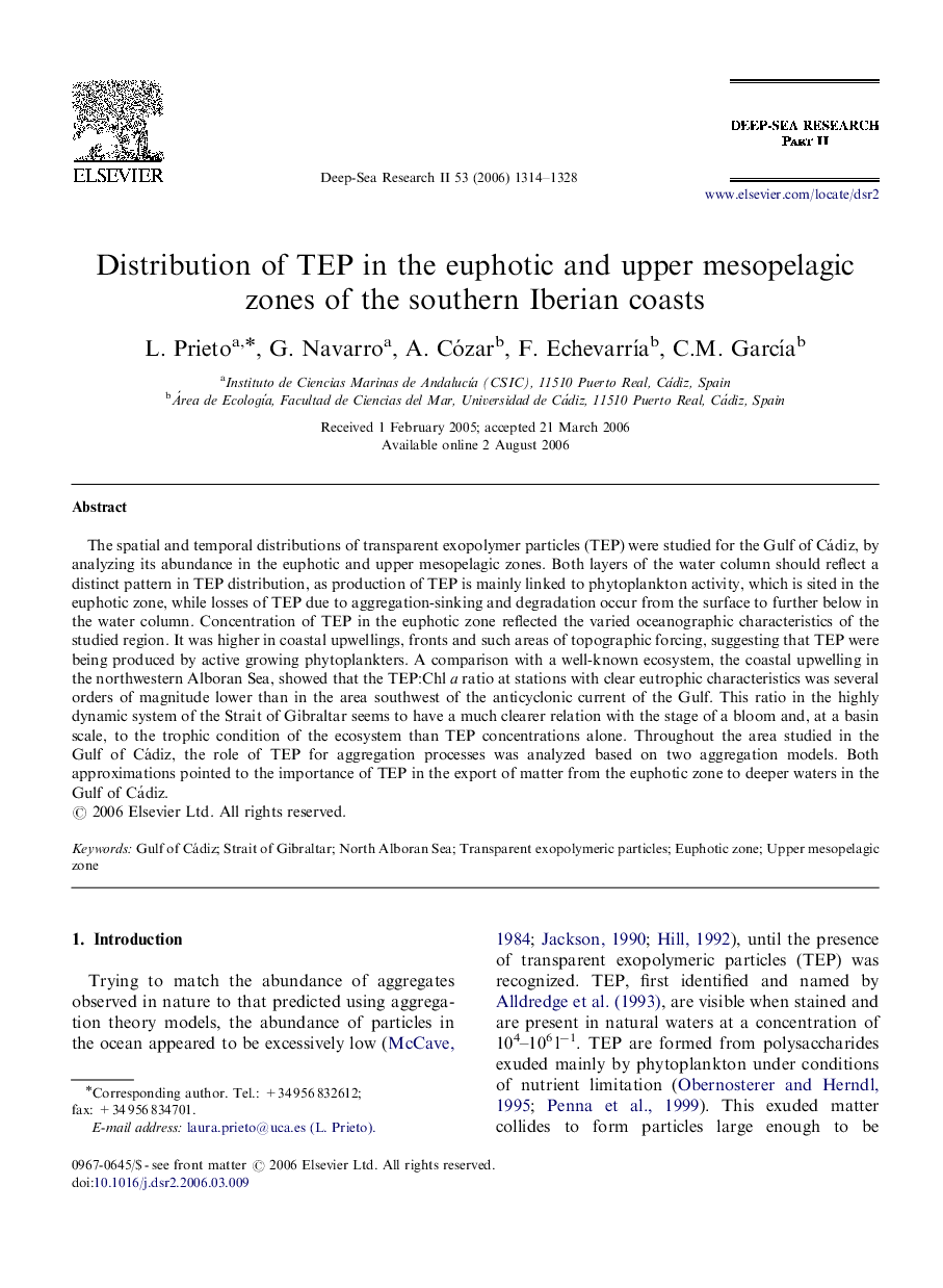 Distribution of TEP in the euphotic and upper mesopelagic zones of the southern Iberian coasts