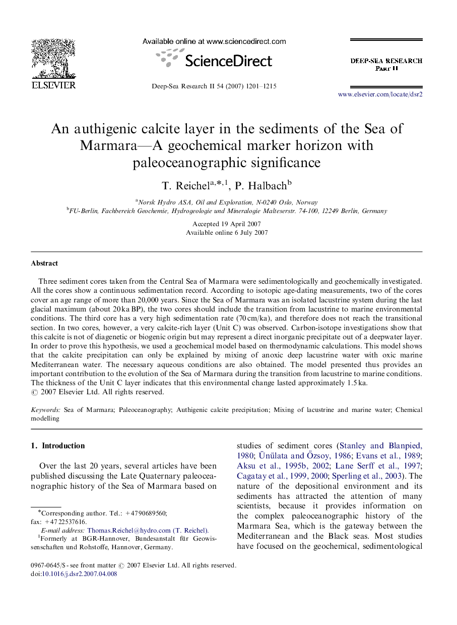 An authigenic calcite layer in the sediments of the Sea of Marmara—A geochemical marker horizon with paleoceanographic significance