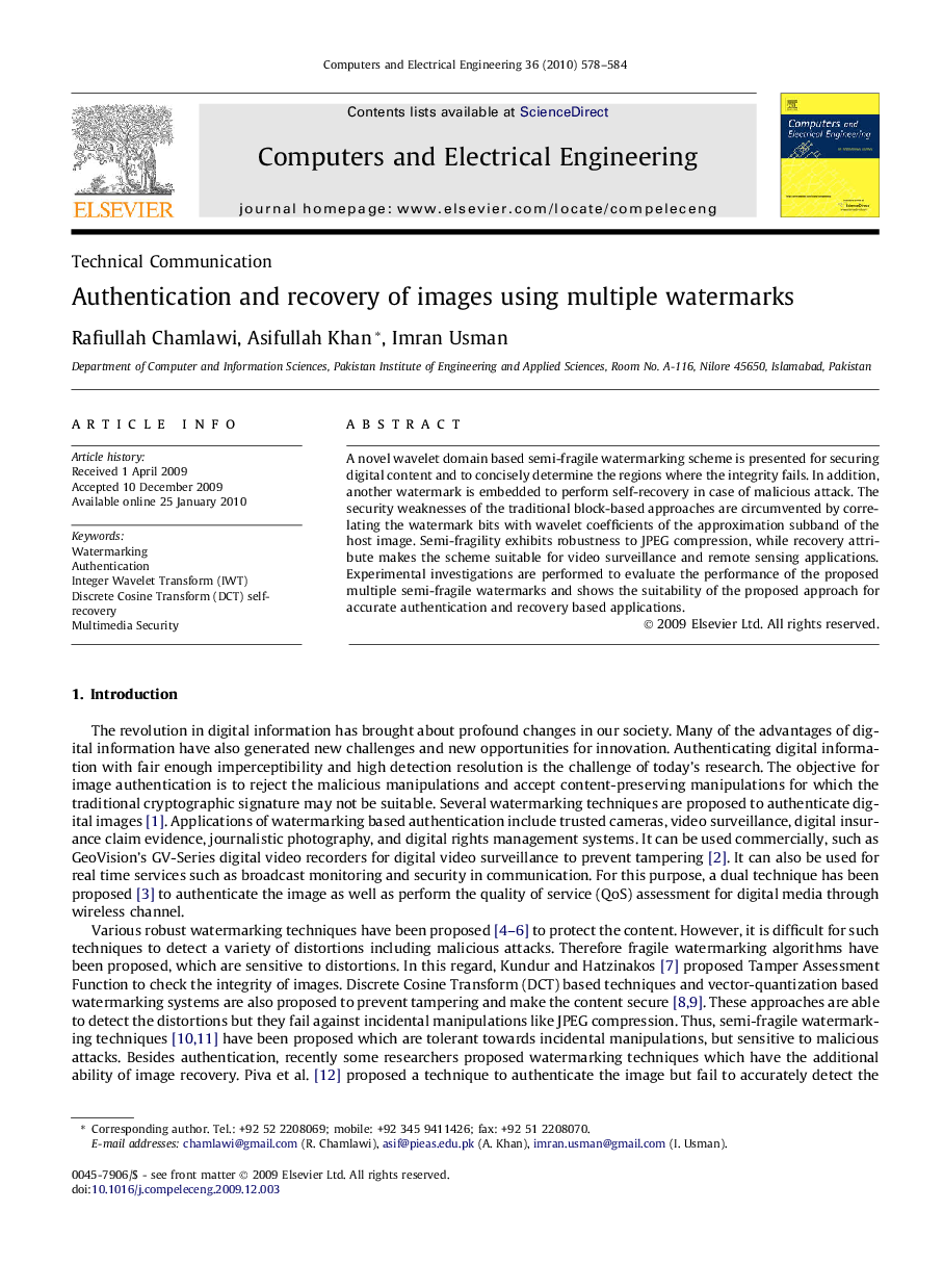 Authentication and recovery of images using multiple watermarks