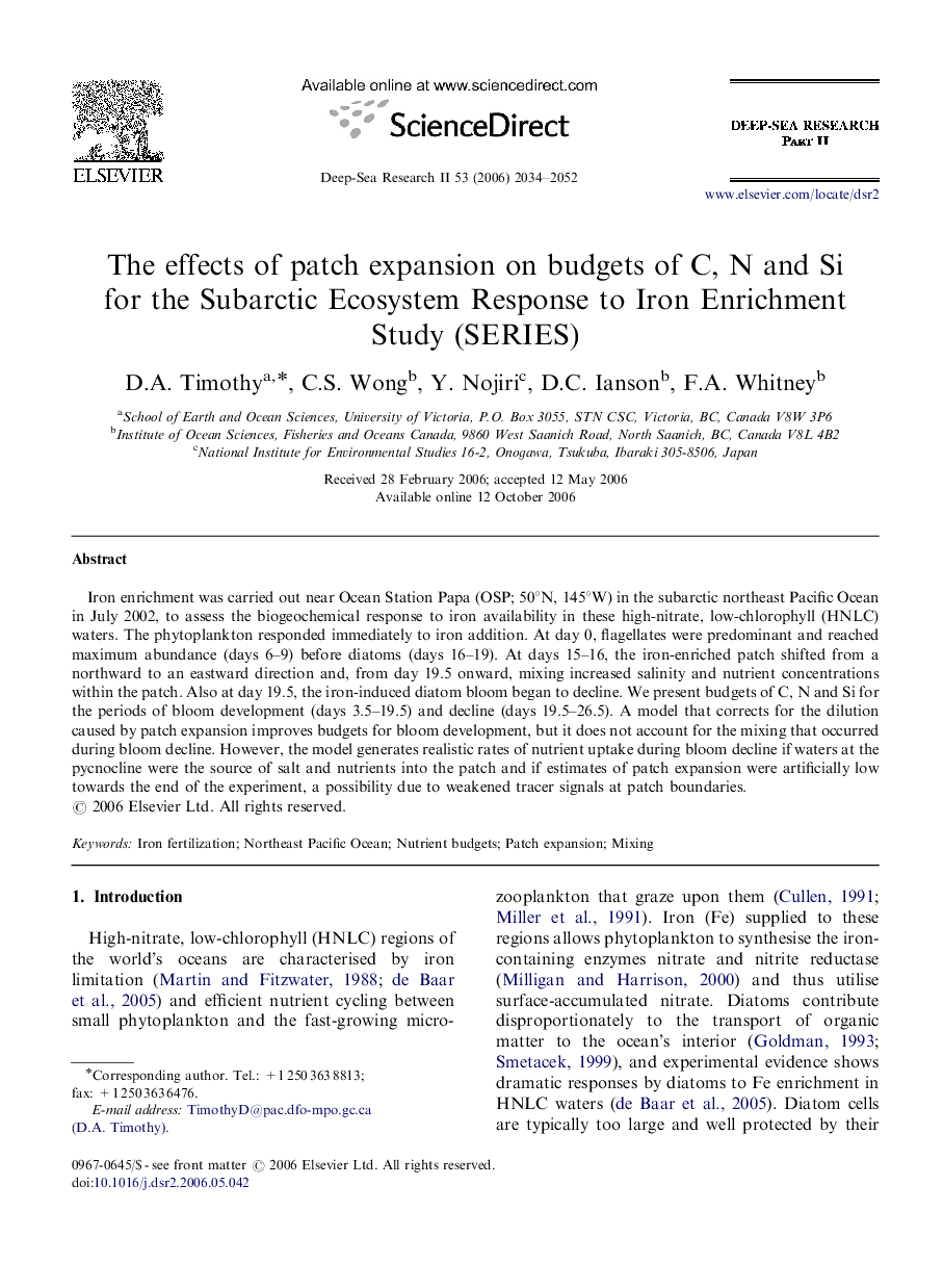 The effects of patch expansion on budgets of C, N and Si for the Subarctic Ecosystem Response to Iron Enrichment Study (SERIES)