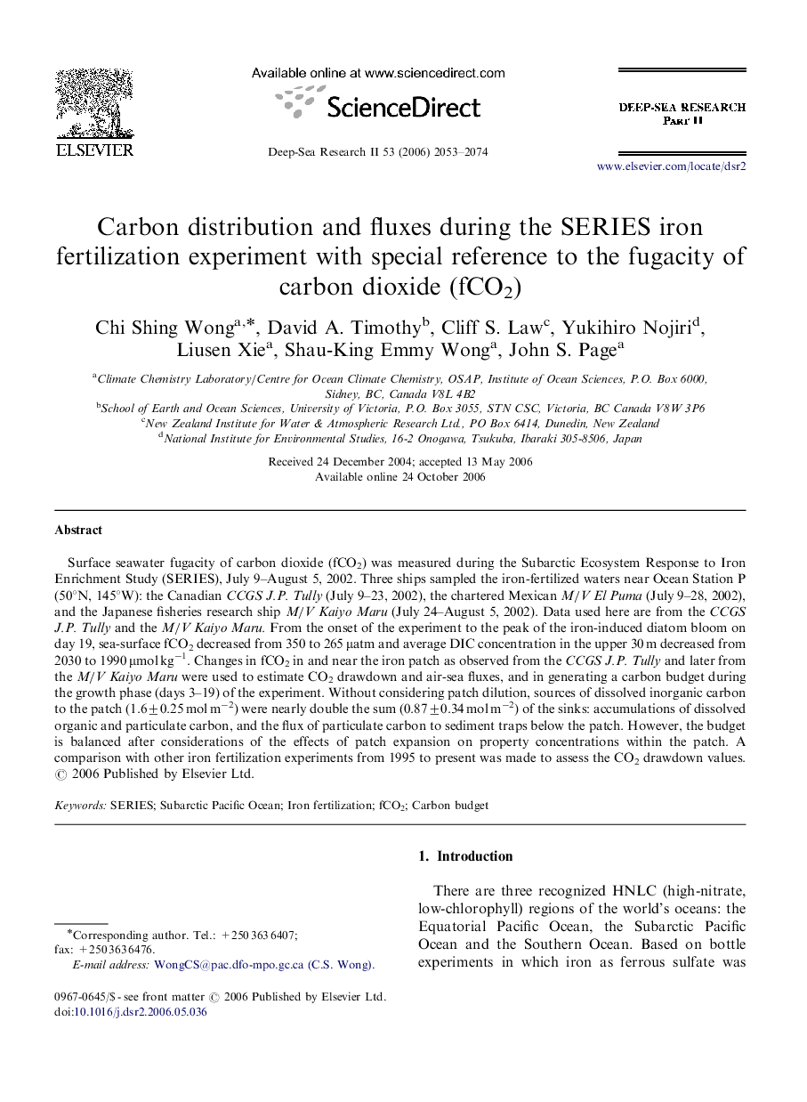 Carbon distribution and fluxes during the SERIES iron fertilization experiment with special reference to the fugacity of carbon dioxide (fCO2)