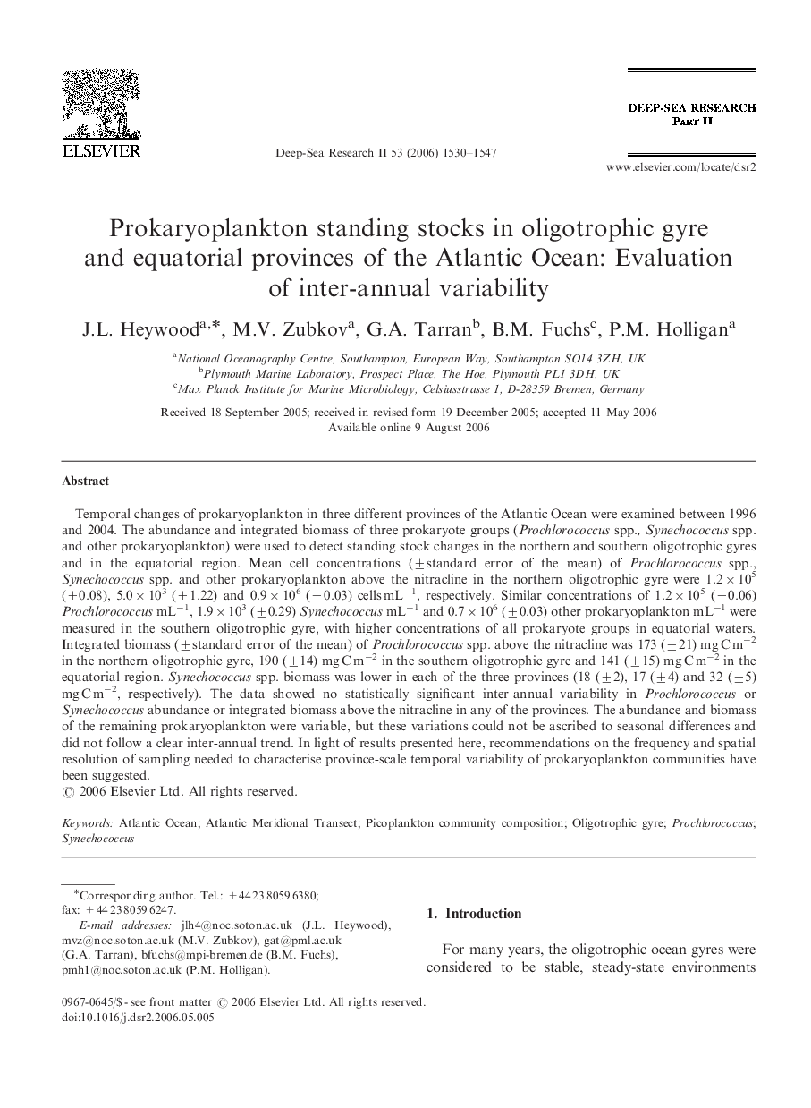 Prokaryoplankton standing stocks in oligotrophic gyre and equatorial provinces of the Atlantic Ocean: Evaluation of inter-annual variability