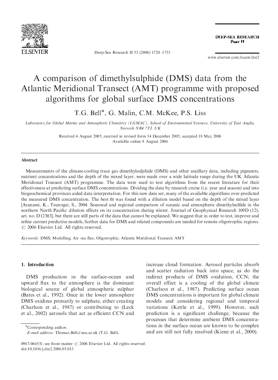 A comparison of dimethylsulphide (DMS) data from the Atlantic Meridional Transect (AMT) programme with proposed algorithms for global surface DMS concentrations