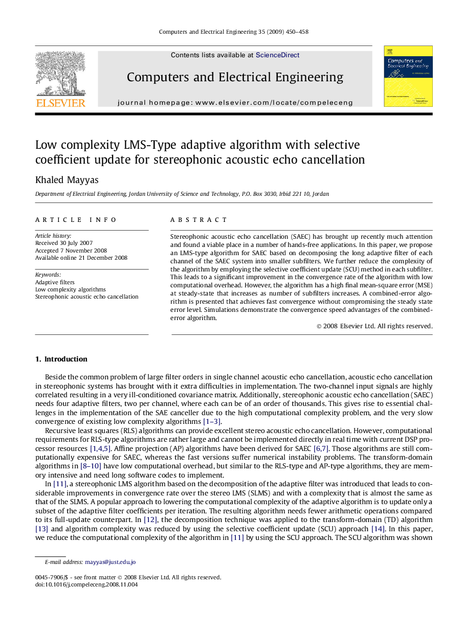 Low complexity LMS-type adaptive algorithm with selective coefficient update for stereophonic acoustic echo cancellation