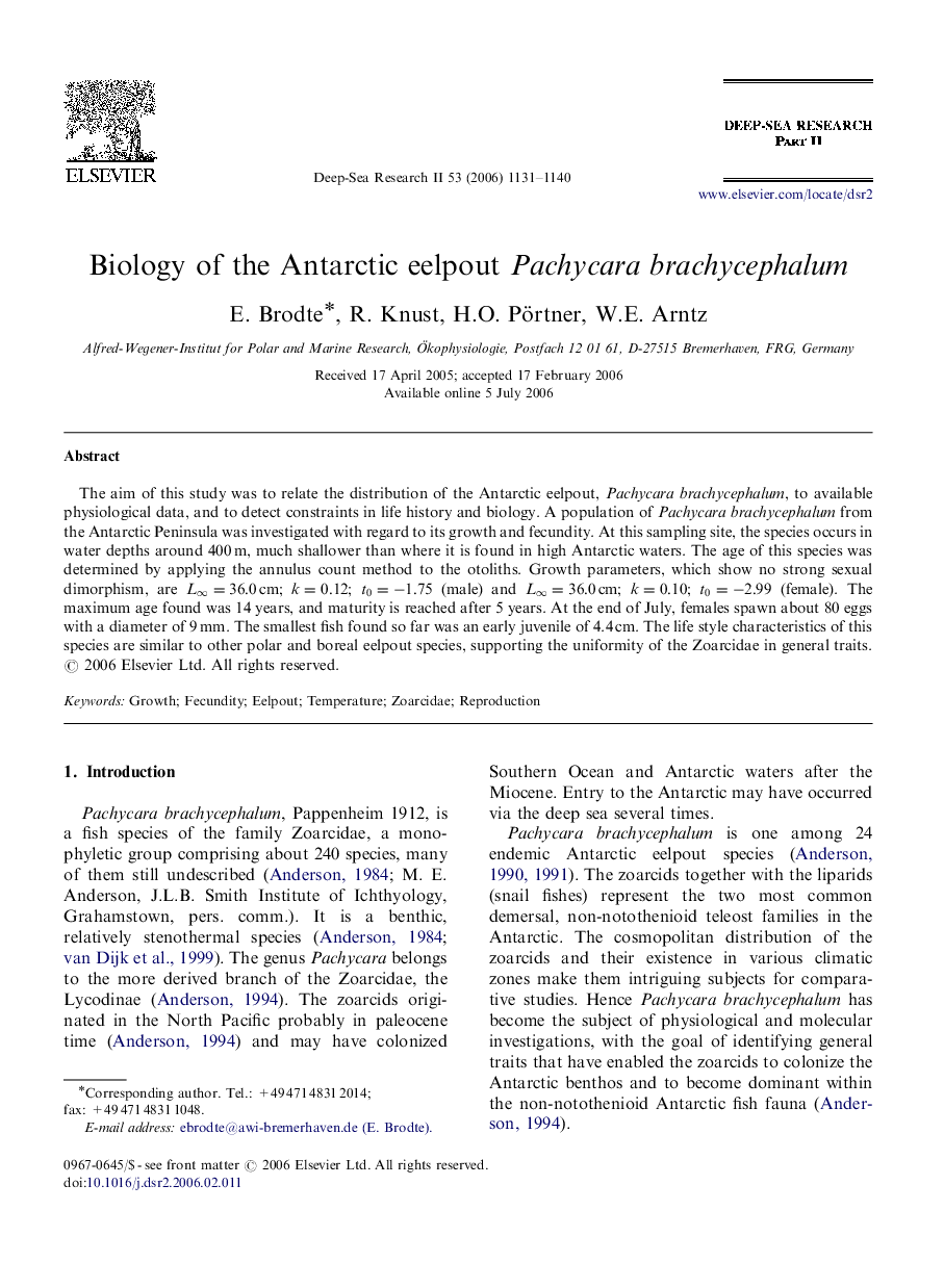 Biology of the Antarctic eelpout Pachycara brachycephalum
