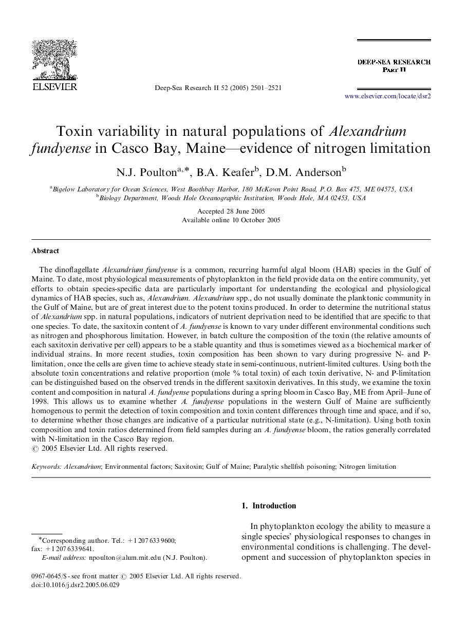 Toxin variability in natural populations of Alexandrium fundyense in Casco Bay, Maine—evidence of nitrogen limitation