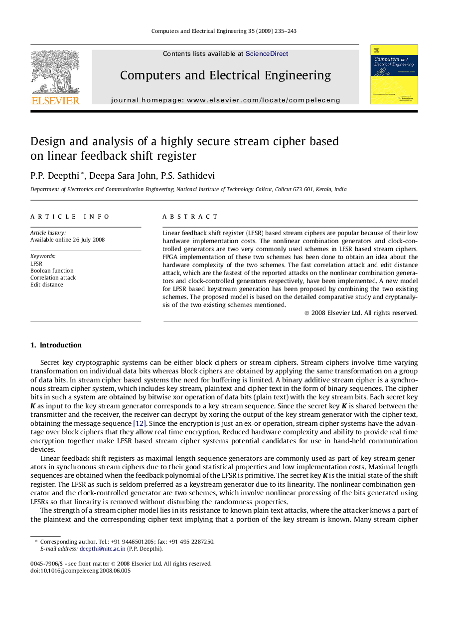 Design and analysis of a highly secure stream cipher based on linear feedback shift register