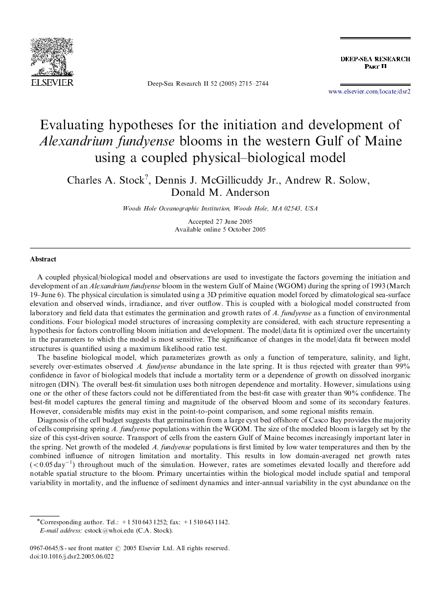 Evaluating hypotheses for the initiation and development of Alexandrium fundyense blooms in the western Gulf of Maine using a coupled physical–biological model