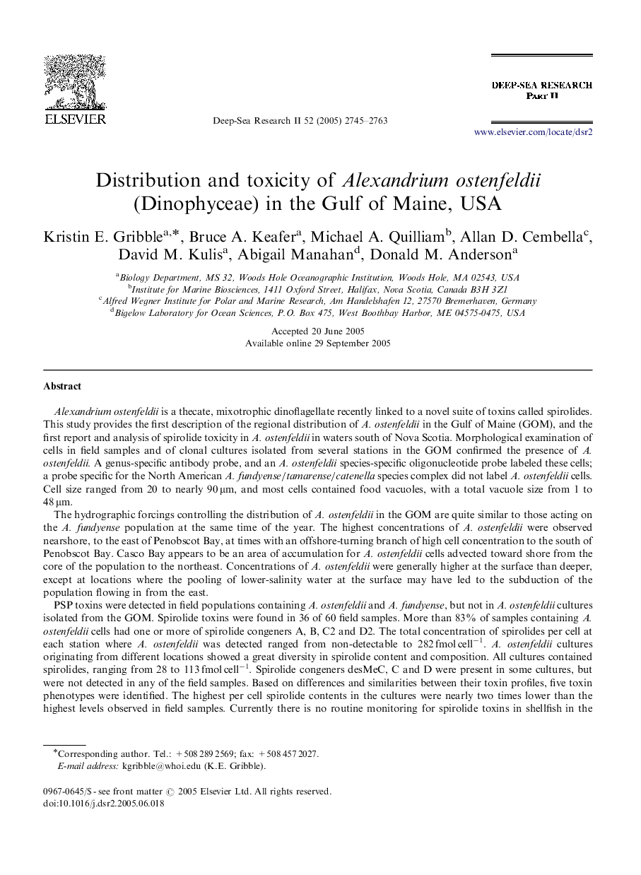 Distribution and toxicity of Alexandrium ostenfeldii (Dinophyceae) in the Gulf of Maine, USA