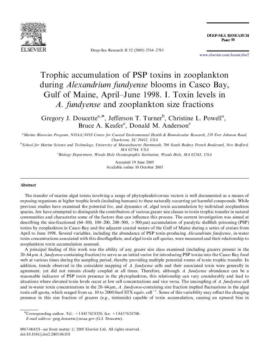 Trophic accumulation of PSP toxins in zooplankton during Alexandrium fundyense blooms in Casco Bay, Gulf of Maine, April–June 1998. I. Toxin levels in A. fundyense and zooplankton size fractions