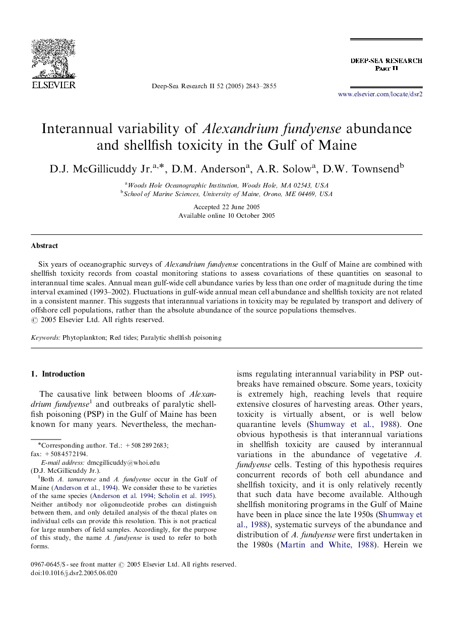 Interannual variability of Alexandrium fundyense abundance and shellfish toxicity in the Gulf of Maine