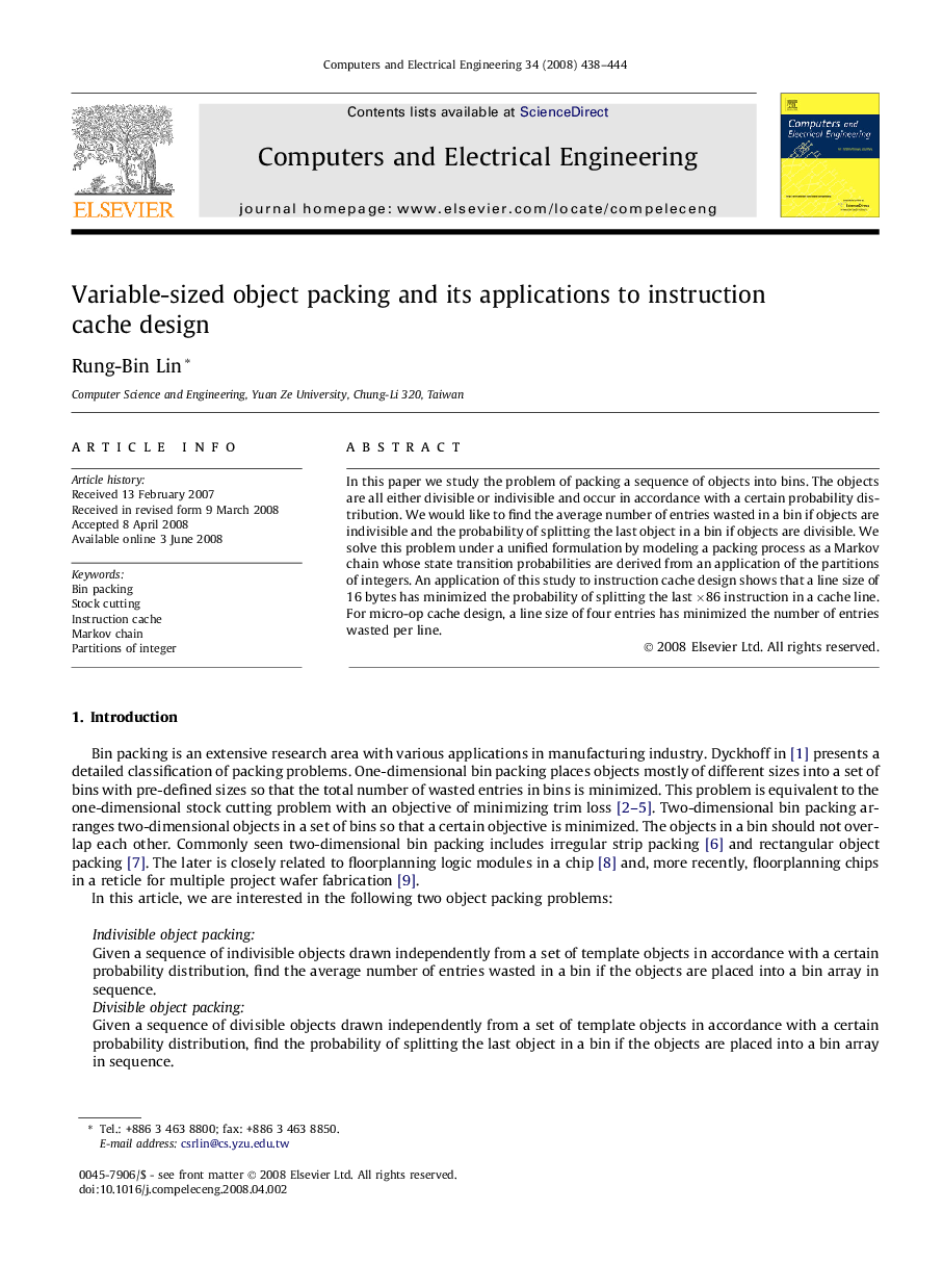 Variable-sized object packing and its applications to instruction cache design