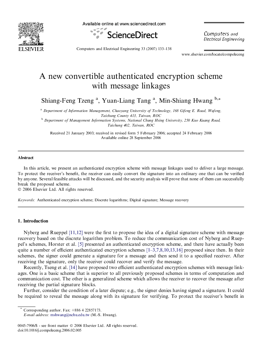 A new convertible authenticated encryption scheme with message linkages