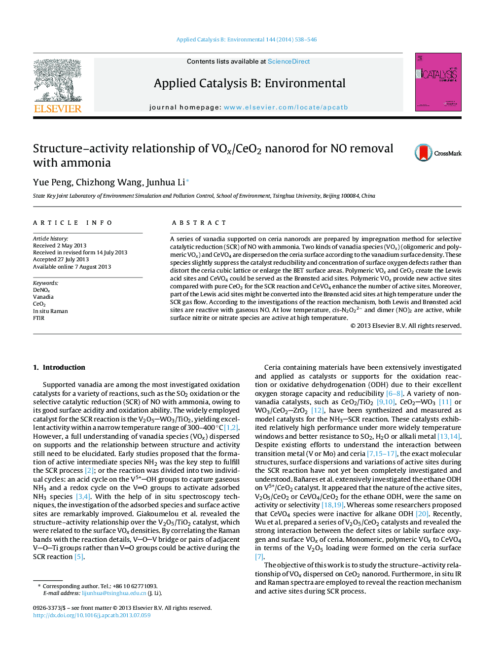 Structure–activity relationship of VOx/CeO2 nanorod for NO removal with ammonia