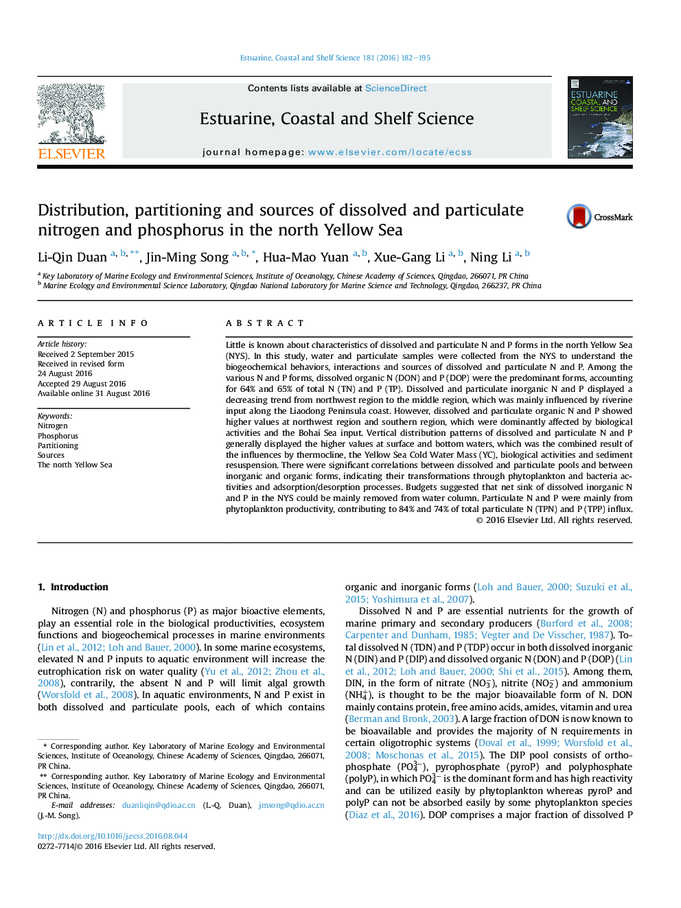 Distribution, partitioning and sources of dissolved and particulate nitrogen and phosphorus in the north Yellow Sea