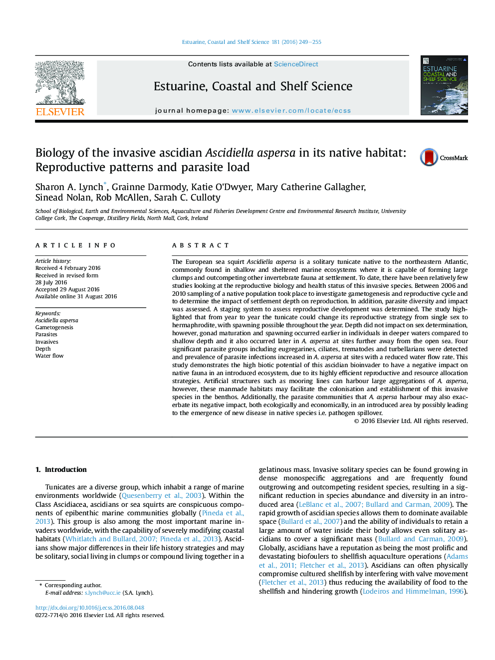 Biology of the invasive ascidian Ascidiella aspersa in its native habitat: Reproductive patterns and parasite load