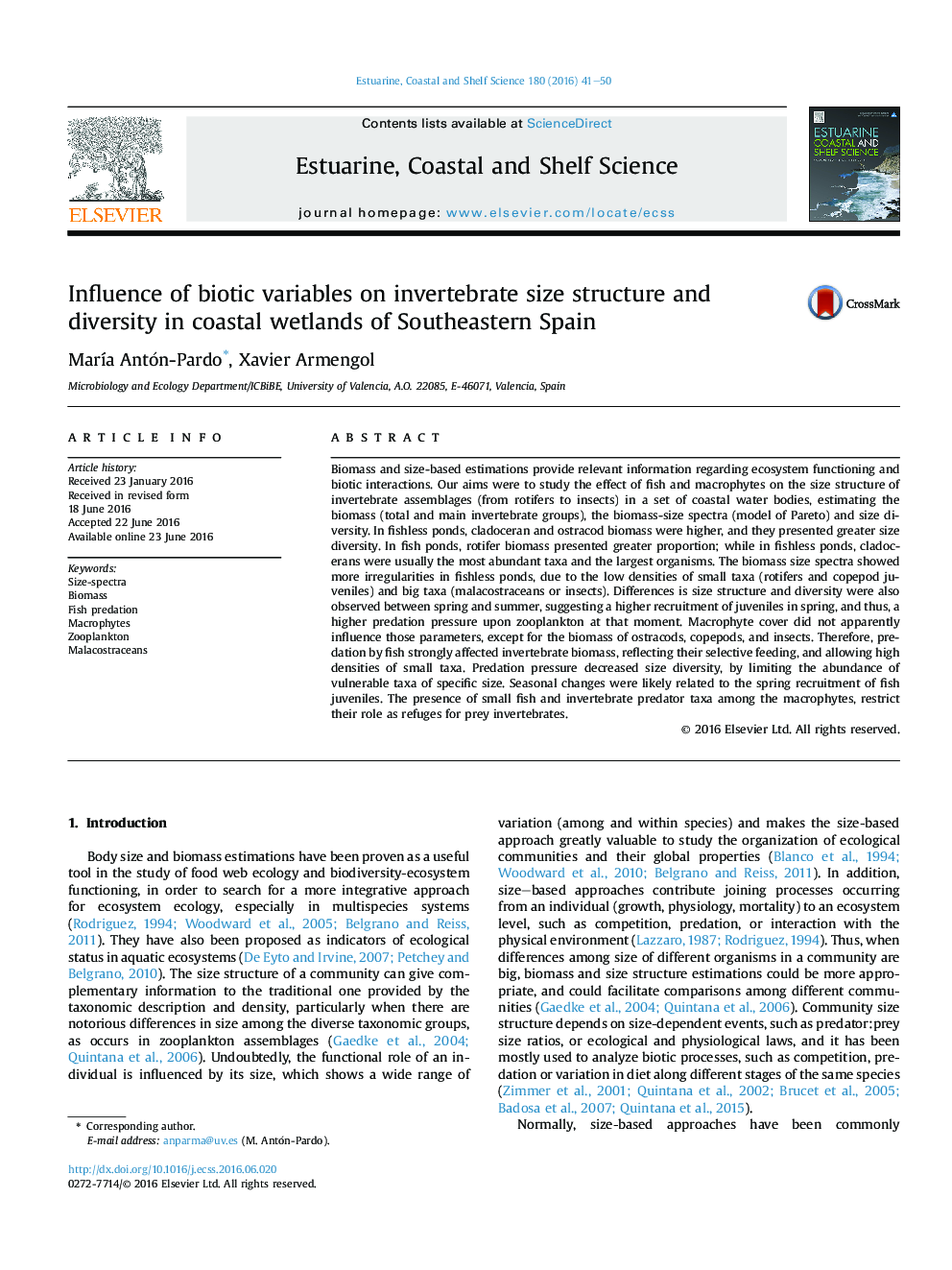 تأثیر متغیرهای زیست محیطی بر ساختار اندازه های غیرمترقبه و تنوع در تالاب های ساحلی جنوب شرقی اسپانیا 
