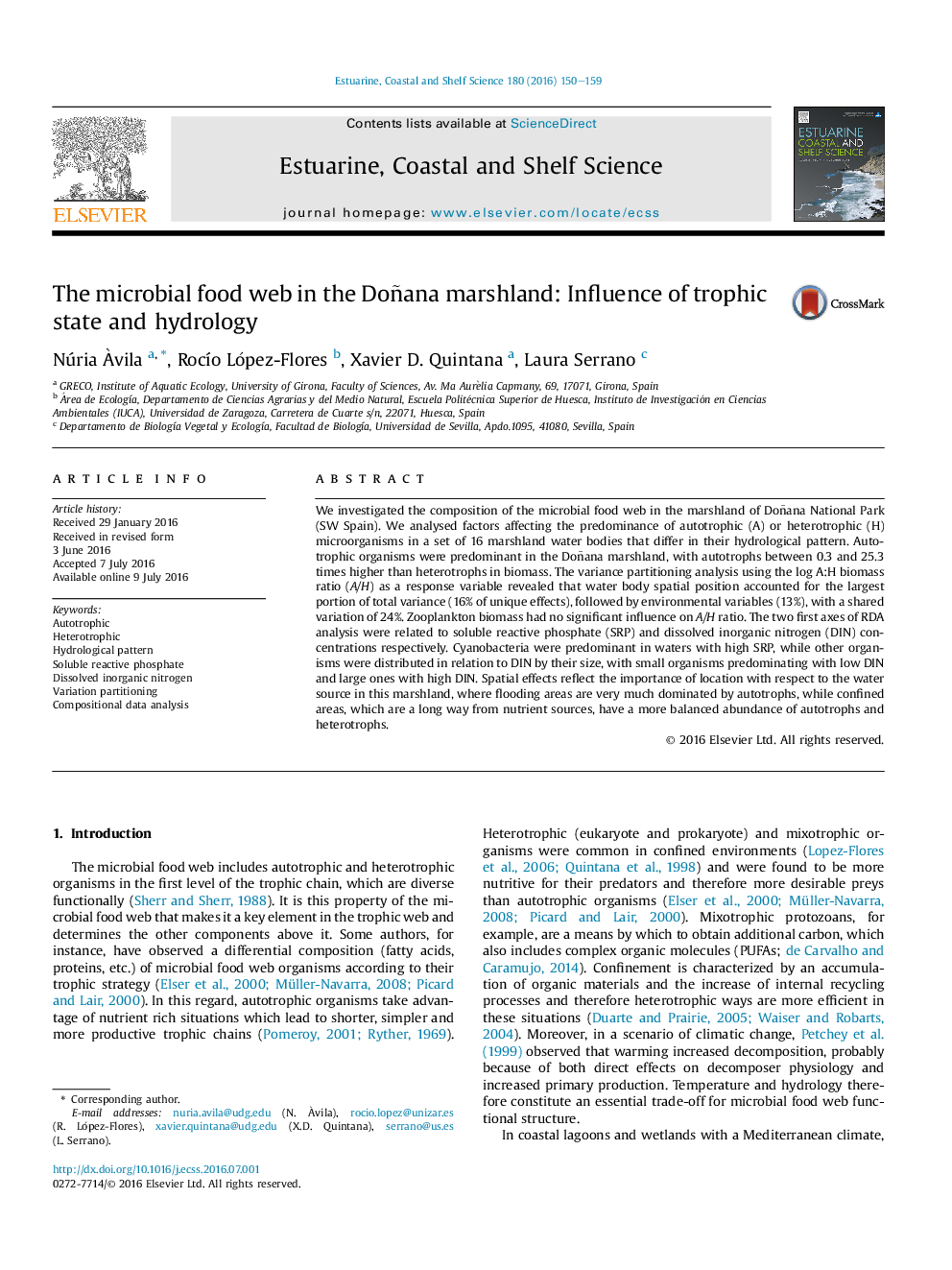 The microbial food web in the Doñana marshland: Influence of trophic state and hydrology