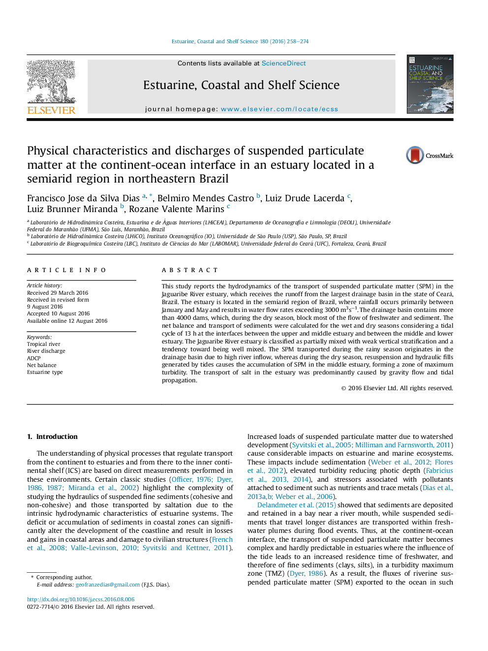 Physical characteristics and discharges of suspended particulate matter at the continent-ocean interface in an estuary located in a semiarid region in northeastern Brazil